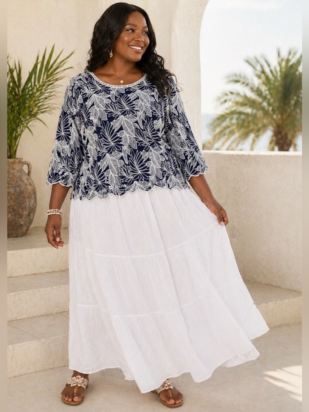 Solitaire Allover Embroidered Beachy Rayon Blouse 1X